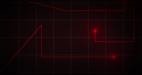 Image of glowing red points with light trails moving on grid on black background