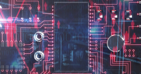 Image of computer circuit board, human icons and binary coding over blue background