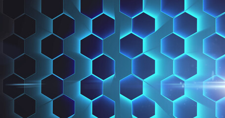 Obraz na płótnie Canvas Image of network of interconnected glowing blue hexagons