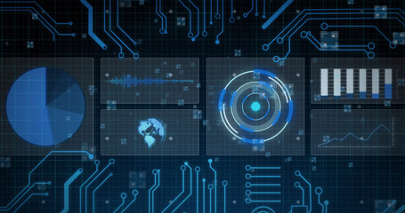 Image of scopes scanning, statistics recording and data processing over blue background