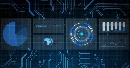 Image of scopes scanning, statistics recording and data processing over blue background