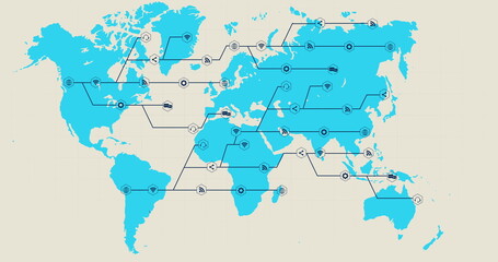 Blue world map with growing black network of connected icons on white background