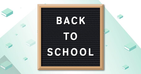 Image of back to school text over school items icons on green background