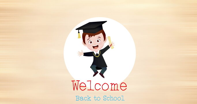 Image of welcome back to school text over graduater icon on beige background