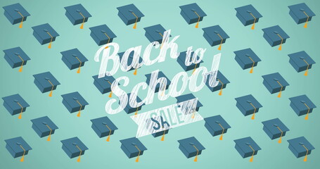 Image of back to school sale text over school items icons on green background
