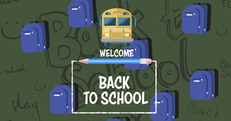 Fototapeta na wymiar Image of welcome back to school text over school items icons on green background