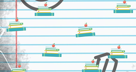 Image of stacks of books and apples floating over ruled paper - obrazy, fototapety, plakaty