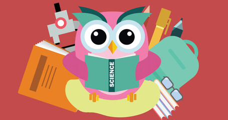 Image of digital owl holding book and school items icons on red background