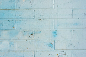 Blue Or Cyan Rustic Texture. Retro Whitewash Old Brick Wall Surface. Vintage Structure. Grunge Shabby Uneven Painted Plaster. Blue Facade Background. Design Element. Old brick wall.