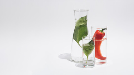 Papper and its leaf in glasses of water. Minimal vegetable concept.