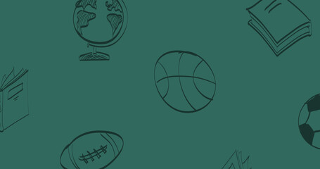Image of black outline sports balls, globe and books moving over green chalkboard © vectorfusionart