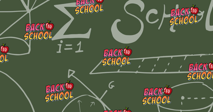 Image of repeated text back to school moving over green chalkboard with maths equations in chalk