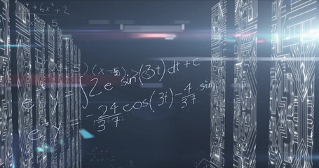 Mathematical equations moving against computers servers