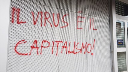Europe, Italy , Milan July 2021 written on the walls of protest by the no vax against the vaccination against covid-19 Coronavirus
