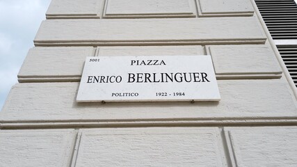 Europe, Italy , MIlan July 2021 - street sign dedicated to Enrico Berlinguer communist italian politics 
