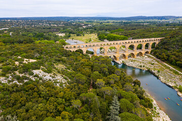 Fototapeta na wymiar Roman aqueduct, Pont-du-Gard, Languedoc-Roussillon France, Aerial view