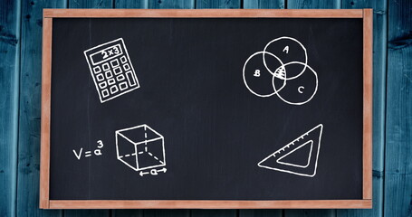 Mathematical icons against black board