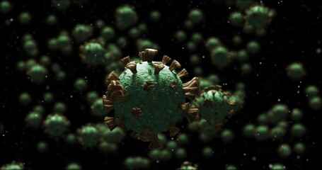 Multiple Covid-19 cells moving against black background