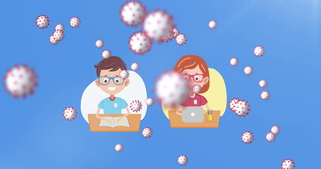 Multiple Covid-19 cells moving against school boy and girl icon maintaining social distancing