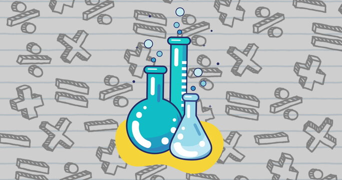 Laboratory beakers icon against mathematical symbols on white lined paper