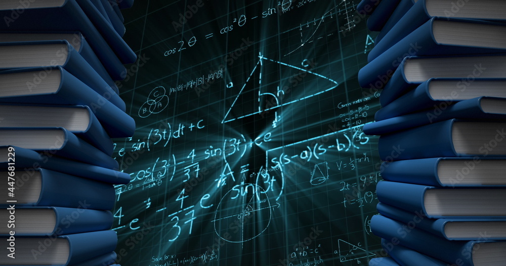 Poster Pile of books and mathematical equations and graphs