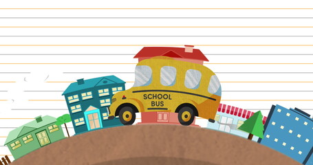 Fototapeta premium School bus driving across cityscape against white lined paper