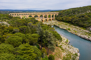 Fototapeta na wymiar Roman aqueduct, Pont-du-Gard, Languedoc-Roussillon France, Aerial view