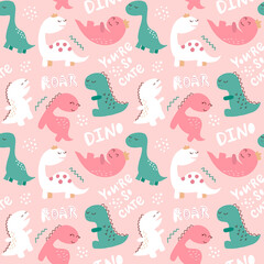 Seamless pattern. Bright dinosaurs with lettering. Vector illustration. Every element is isolated on pink background. Print of planner, bullet journal, decor for children’s room, textile. Flat style.