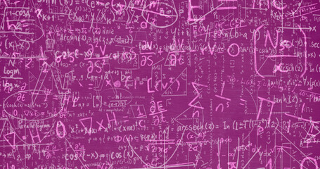 Image of mathematical equations moving on pink background