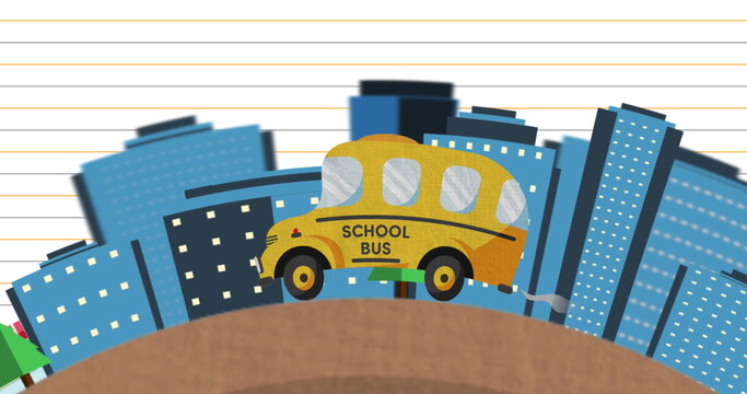 School bus driving across cityscape against white lined paper