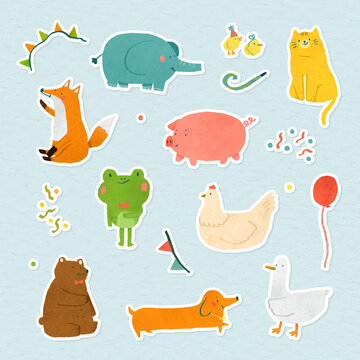 Hand drawn festive animal stickers collection vector