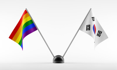 LGBT and South Korea flags on decorative stand. Isolated on a white background. 3d rendering