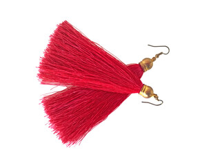 Fuchsia earrings on white background.