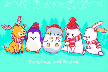 Christmas with Happy Cute Animal Friends