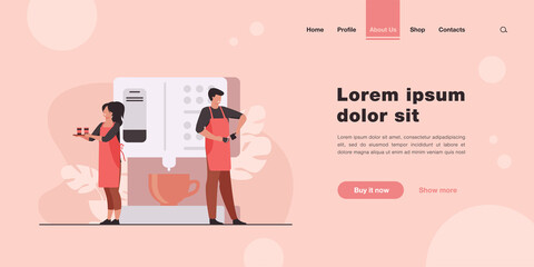 Happy tiny barista making coffee at huge machine. Waitress holding tray with paper cups flat vector illustration. Coffee break, street food, summer concept for banner, website design or landing page