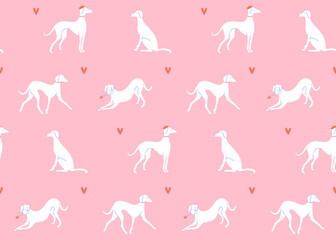 Grayhound in different poses, dog silhouettes on pink background. Romantic seamless pattern, french style texture. Elegant dogs on datings.