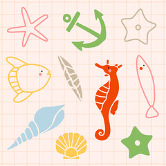 Hand drawn underwater animal collection vector