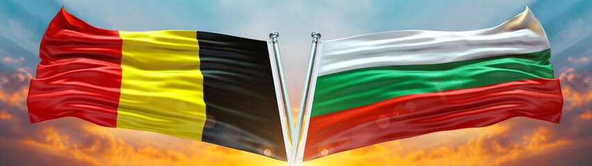 Belgium Flag and Bulgaria flag waving with texture sky Cloud and sunset Double flag 