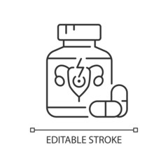 Pills for period cramps linear icon. Relieve painful menstruation. Anti-inflammatory drug. Thin line customizable illustration. Contour symbol. Vector isolated outline drawing. Editable stroke