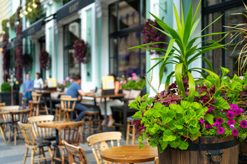 Fototapeta na wymiar The interior of a summer street cafe. Bright sunny day in the city.