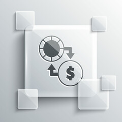 Grey Casino chips exchange on stacks of dollars icon isolated on grey background. Square glass panels. Vector