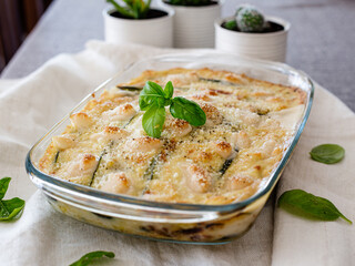 basil, cooked, food, gourmet, healthy, parmigiana, seitan, vegan cheese, vegan diet, vegan food, white plate, zucchini