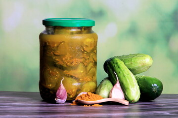 pickled cucumber salad with turmeric. home canned sweet pickles with turmeric made from family farm...