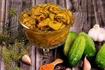 pickled cucumber salad with turmeric. home canned sweet pickles with turmeric made from family farm...