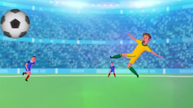 Super Soccer animated football intro, promo, starter video! Sports field with light, stadium full of cheering audience, player playing on field, caption text appearing at end.