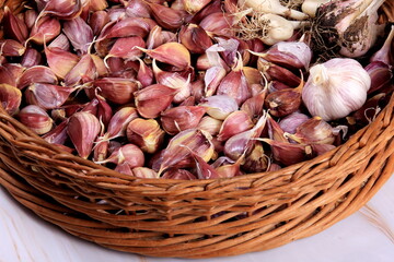 Garlic new harvest in a wicker basket. Organic farm, ecological production 