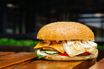 juicy burger with filling, cheese, meat