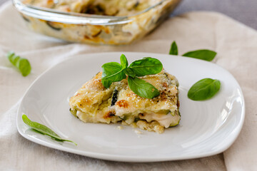 basil, cooked, food, gourmet, healthy, parmigiana, seitan, vegan cheese, vegan diet, vegan food, white plate, zucchini