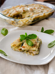 basil, cooked, food, gourmet, healthy, parmigiana, seitan, vegan cheese, vegan diet, vegan food, white plate, zucchini