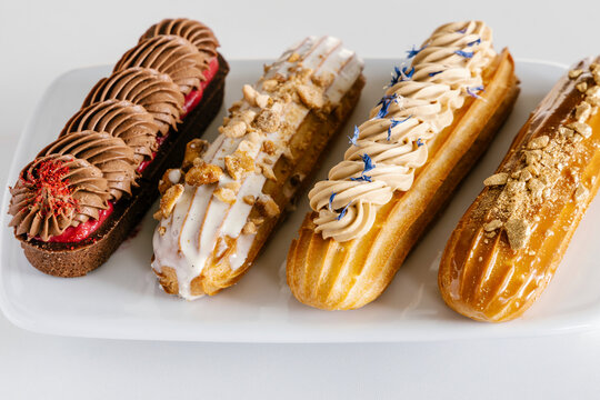 Chocolate, salted caramel, vanilla and earl grey eclairs